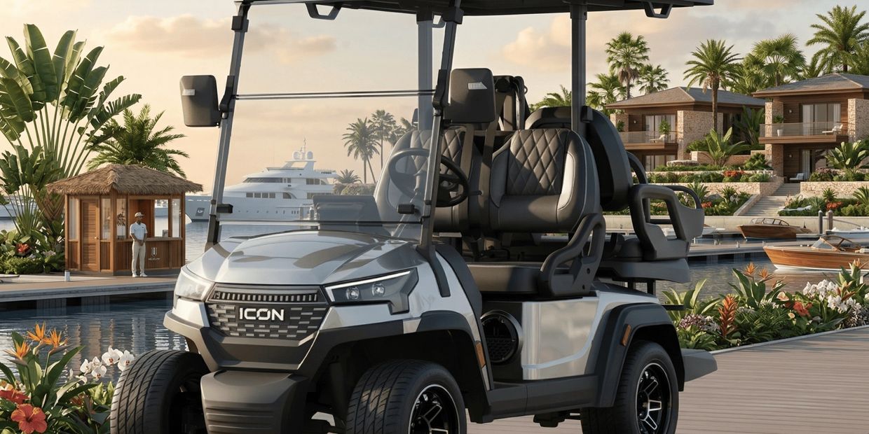 ICON electric golf cart with black quilted seats parked at a tropical waterfront resort.