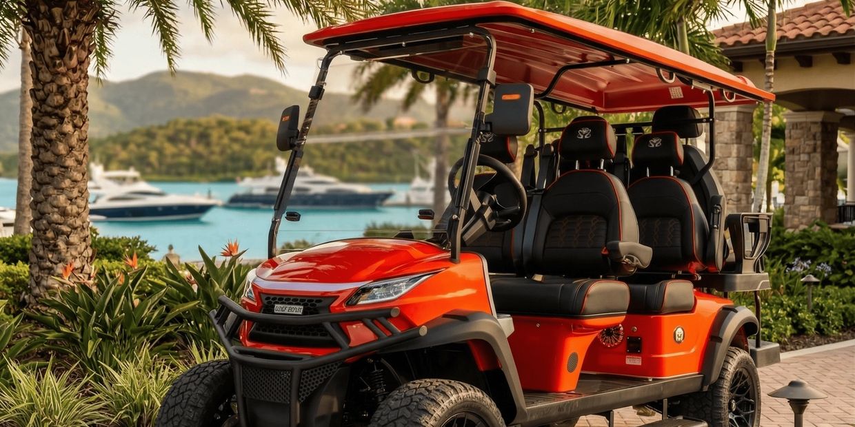 Red Venom EV golf cart with multi-row seating at a tropical marina setting.