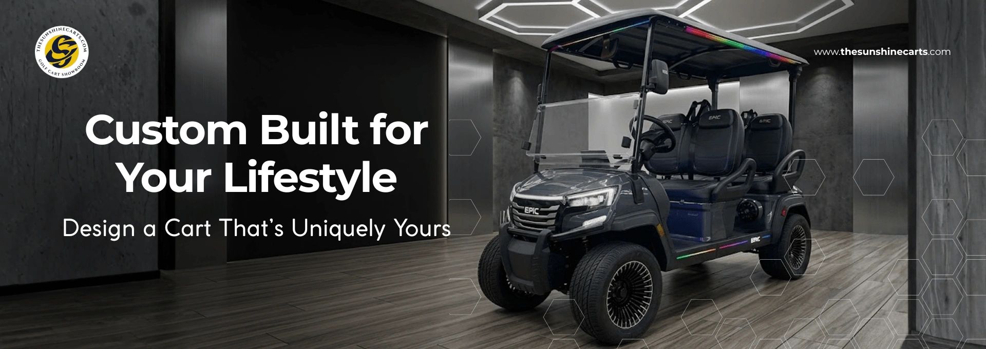 Custom golf cart from Sunshine Carts showcasing personalized upgrades and design options for a uniqu