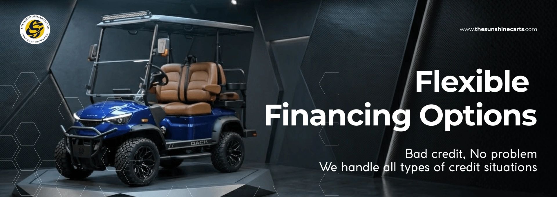 Blue golf cart displayed with flexible financing options available through Sunshine Carts for a vari