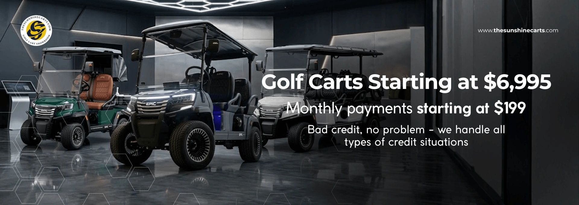 Multiple golf carts displayed in a showroom with pricing starting at $6,995 and monthly payments fro