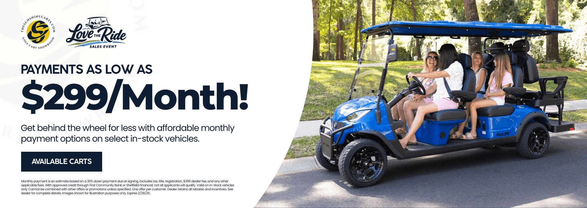 Sunshine Carts promotion advertising golf cart payments as low as $299 per month on select in-stock 