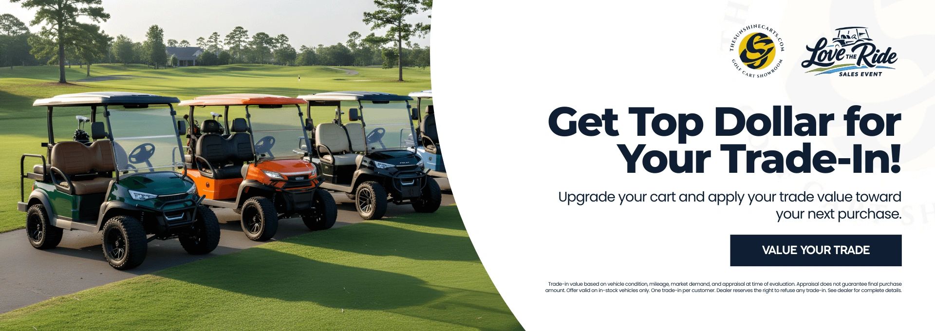 Sunshine Carts trade-in promotion encouraging customers to get top dollar for their golf cart trade-