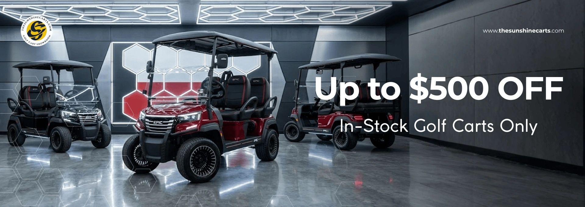 In-stock golf carts at Sunshine Carts with savings of up to $500 off select available models.