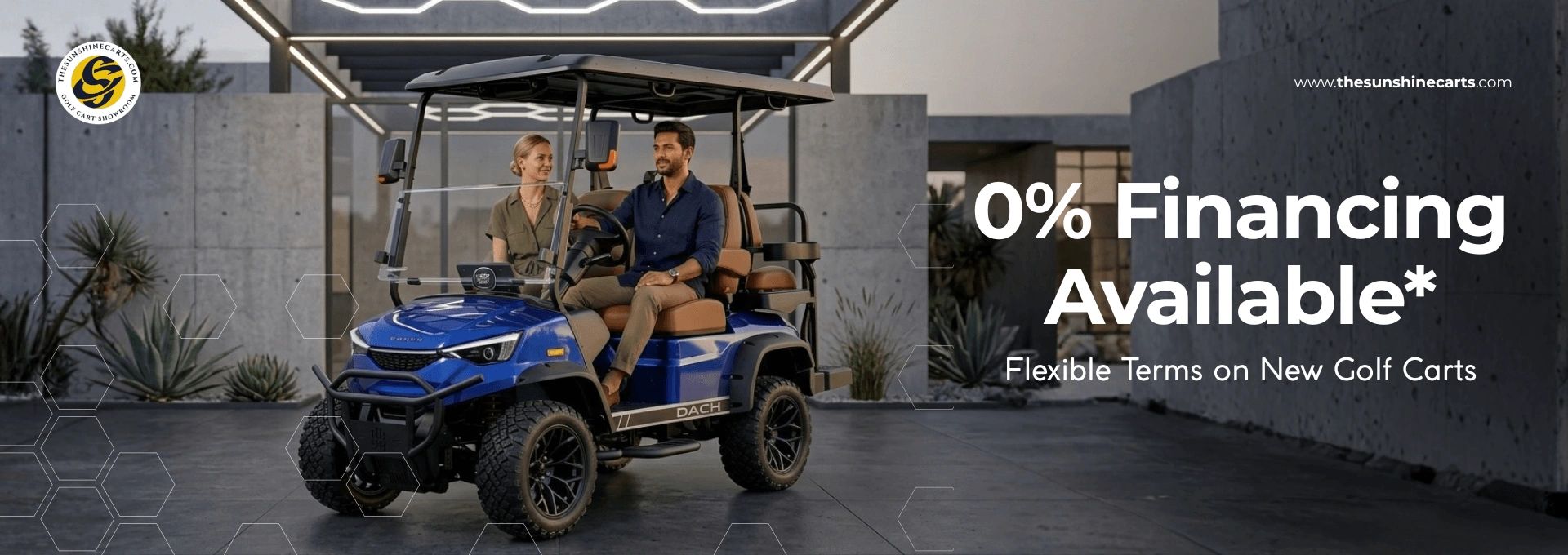 Blue golf cart displayed with 0% financing available on new golf carts from Sunshine Carts.