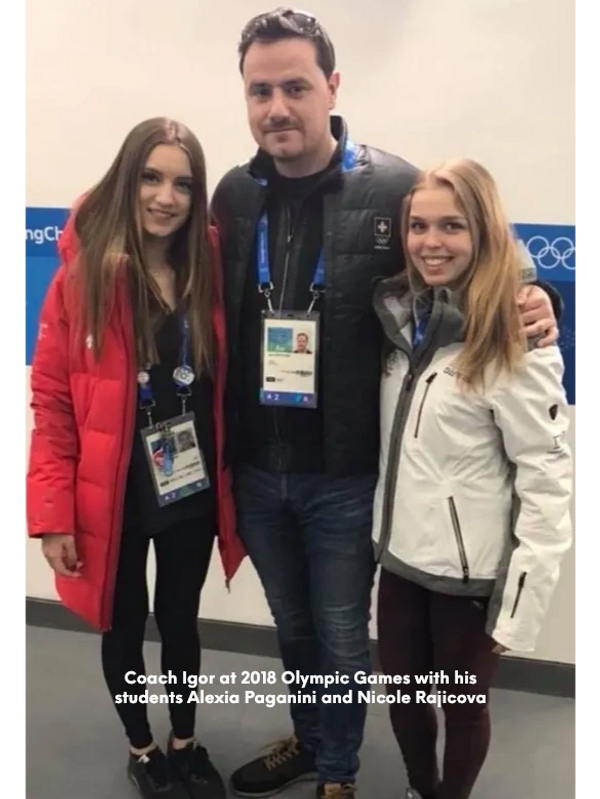 Coach Igor Krokavec with students Alexia Paganini of Switzerland and Nicole Rajicova of Slovakia