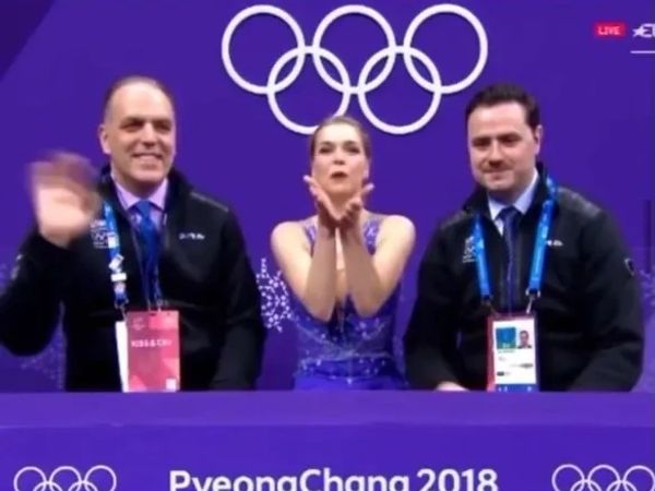 Nicole Rajicova and Igor Krokavec sitting in kiss and cry during Olympics 2018