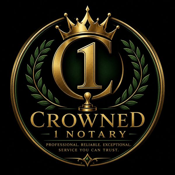 Elegant gold and green logo for Crowned 1 Notary with a crown and laurel wreath.