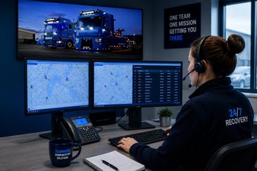 A woman monitors truck recovery operations using multiple screens in a control room.