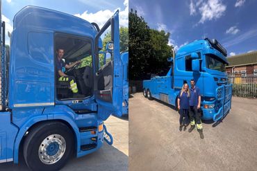 Two images featuring a blue truck with people posing around it on a sunny day.