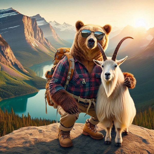 Grizzly bear wearing clothes, sunglasses and a backpack posing for a picture with a mountain goat