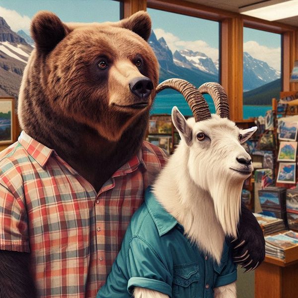 A grizzly bear and a mountain goat wearing clothes in a gift shop.