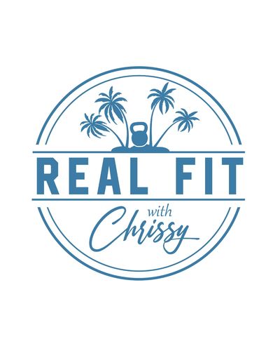 Fitness logo with palm trees and kettlebell.