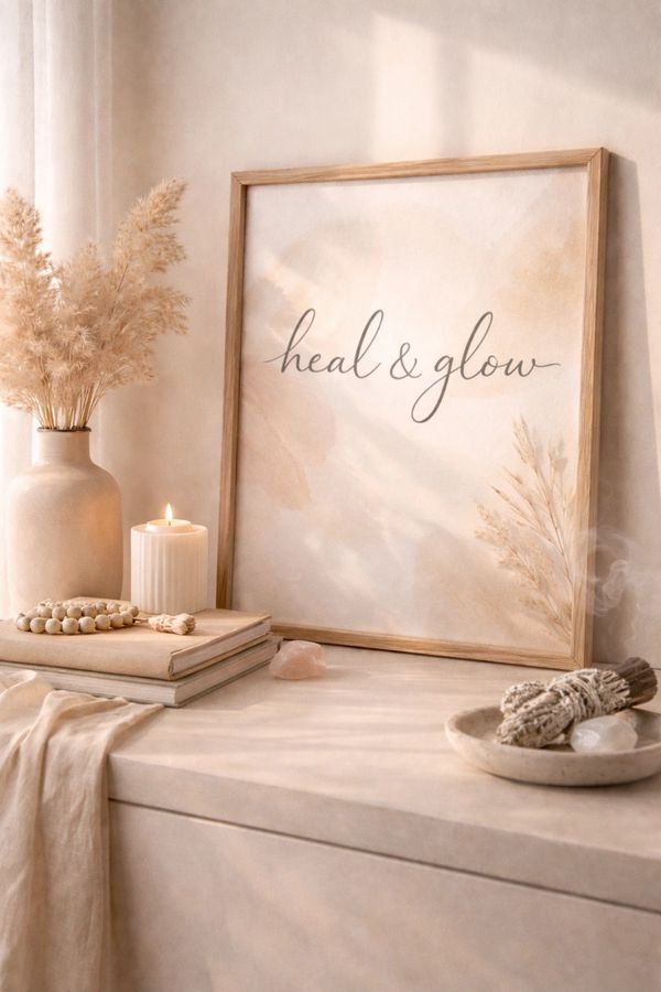 Calm neutral-toned space with inspirational 'heal &amp; glow' sign and soothing decor.