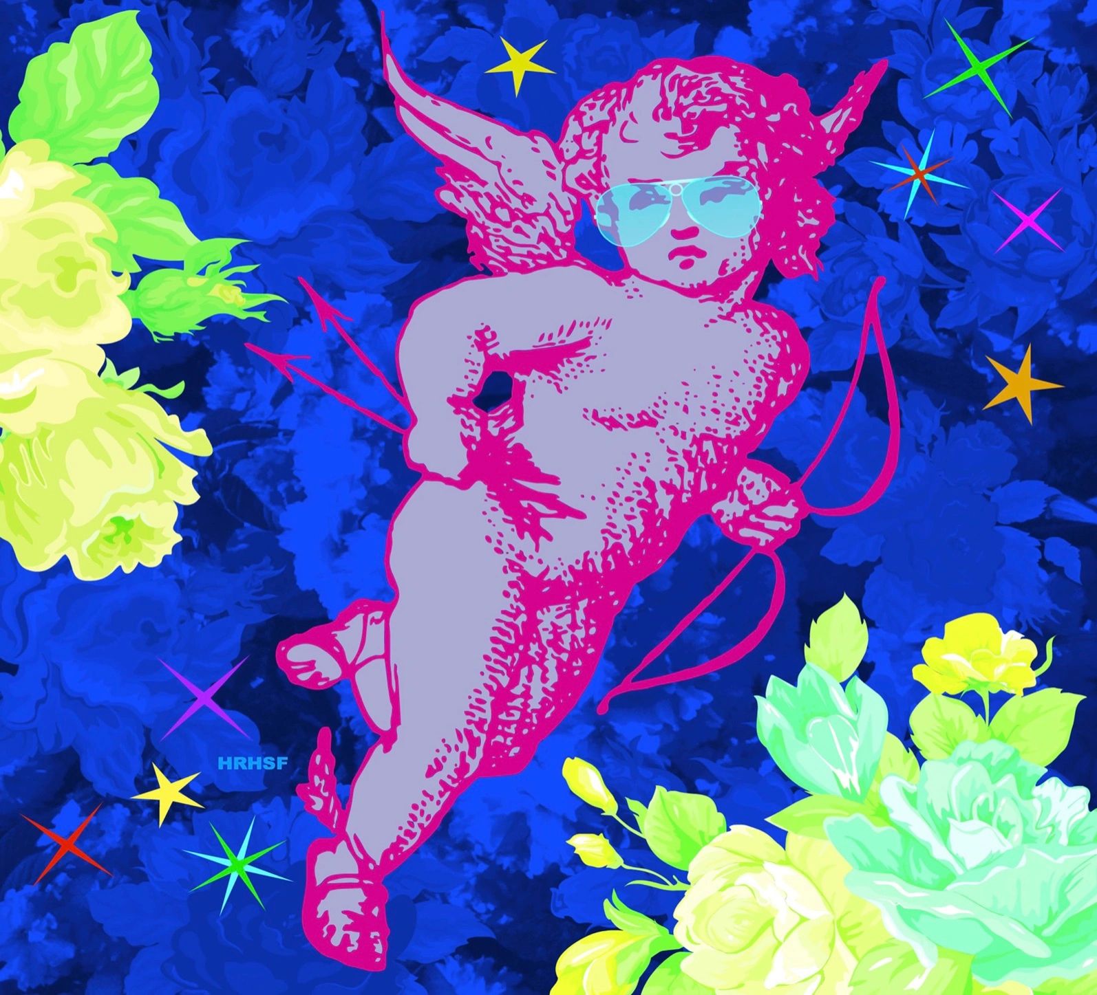 Colorful neon depiction of Cupid with sunglasses.