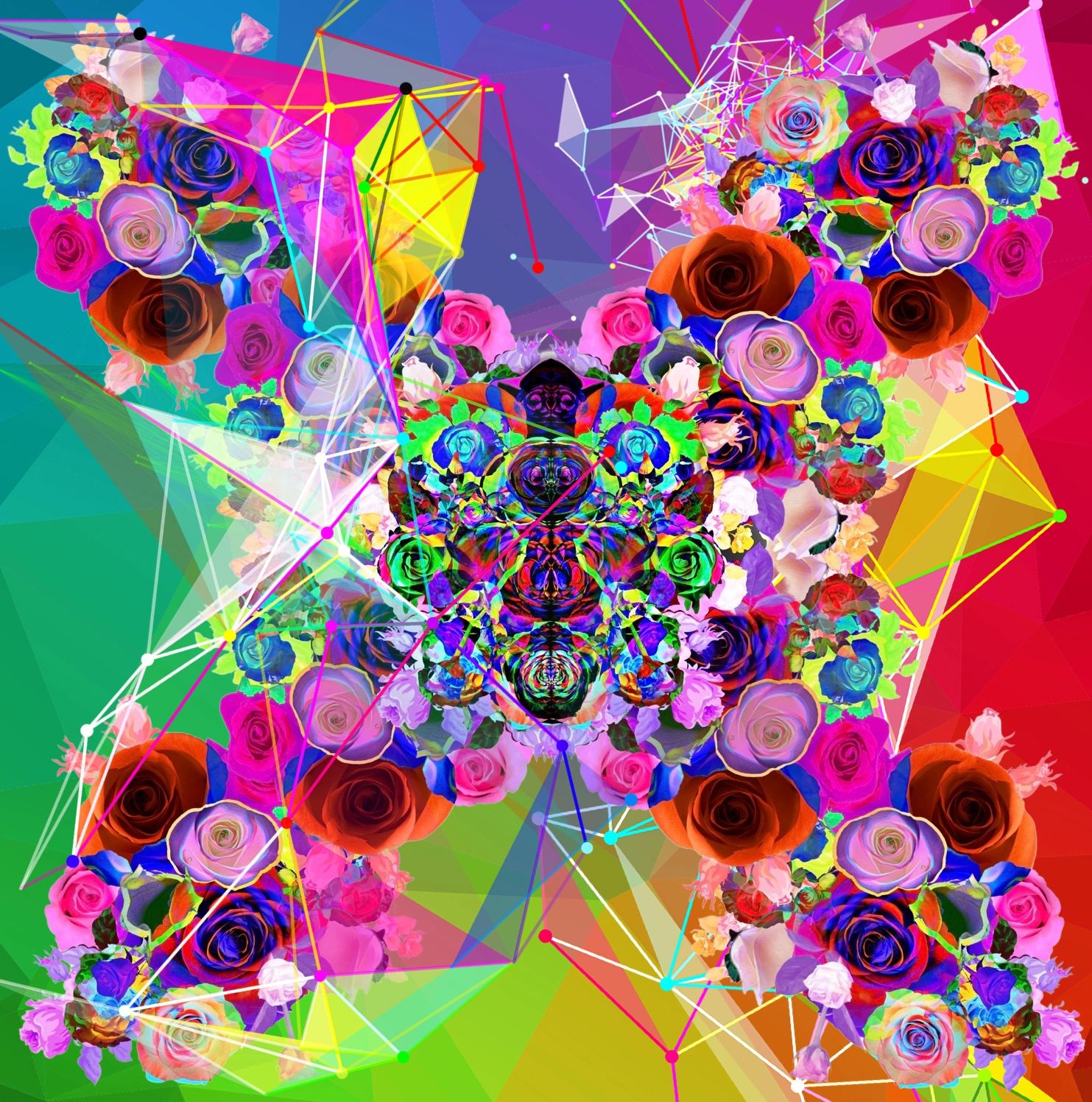 Abstract digital art with colorful roses and geometric lines.