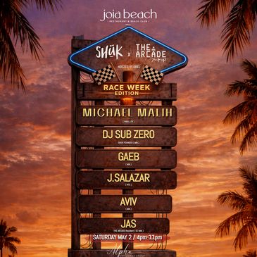 Joia Beach event poster for Race Week featuring DJs and artists lineup.