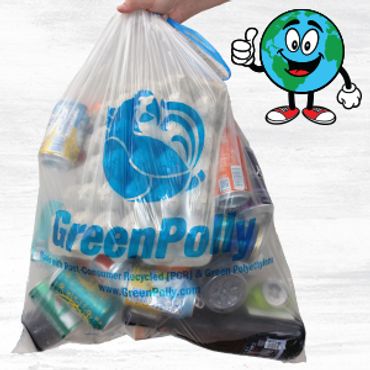 A cartoon Earth giving a thumbs up to a full GreenPolly clear recycling bag