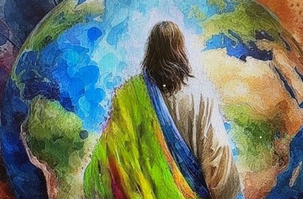 A figure resembling Jesus overlooking a colorful Earth globe.