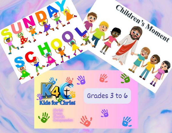 Colorful Sunday School poster for kids grades 3 to 6 at a church program.