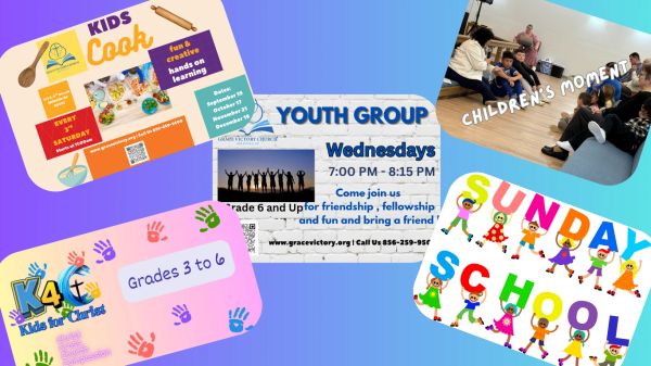 Collage of kids' activity flyers including cooking, youth group, children's moments, K4C, and Sunday school.