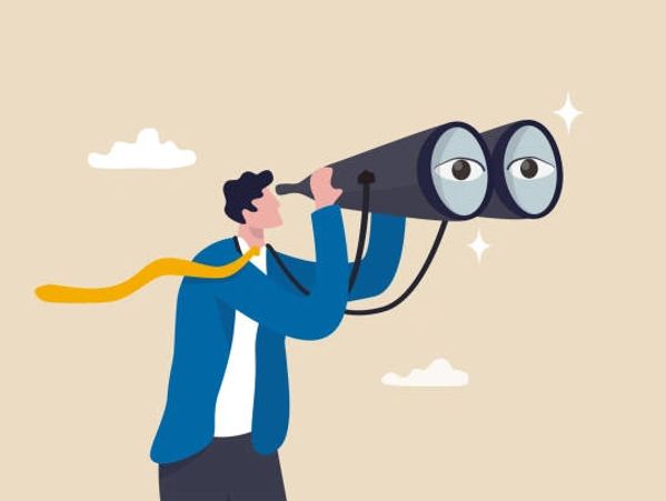 Man in blue suit looking through binoculars with eyes inside lenses.