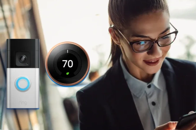 Woman using a smart thermostat at work with her mobile phone remotely to comtrol temperature at home