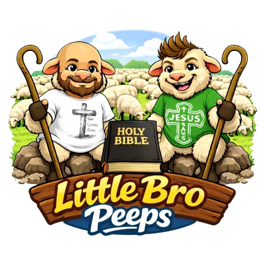 Two sheep characters with staffs and a Bible, titled Little Bro Peeps.