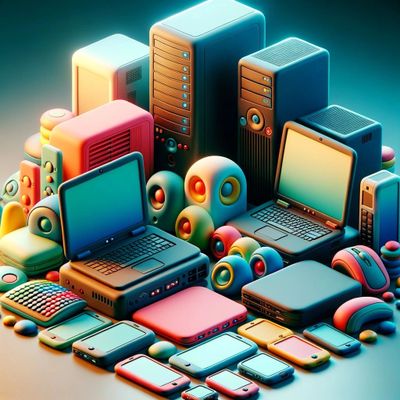 Colorful collection of various computer and tech devices arranged together.