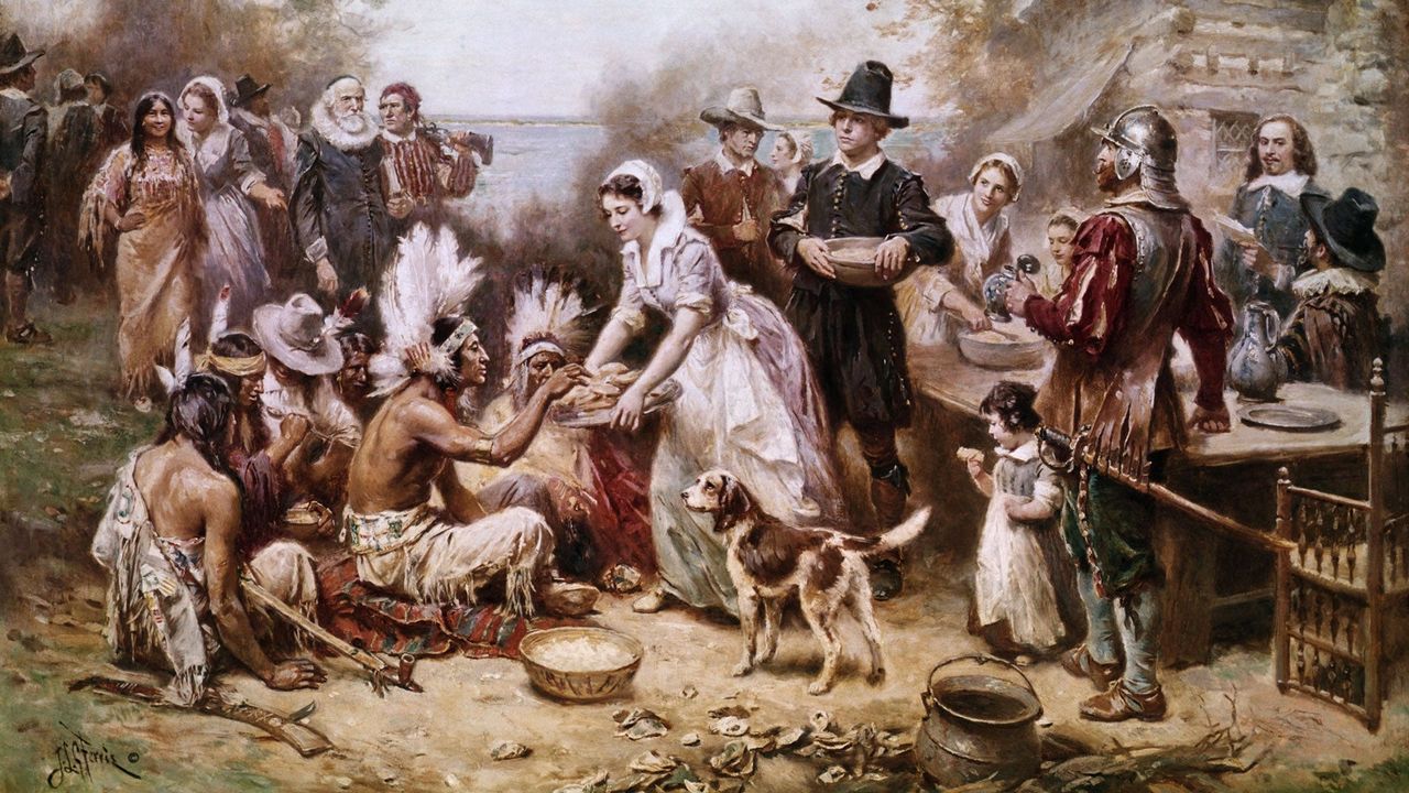 The First Thanksgiving, 1621 - Painted by Jean Leon Gerome Ferris  (1863–1930)