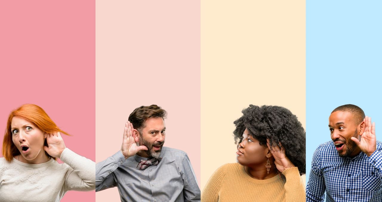 Composition of four people--two women and two men--each presented in front of a different color block and all holding their hand to their ear, listening. Composition of four people--two women and two men--each presented in front of a different color block and all holding their hand to their ear, listening.