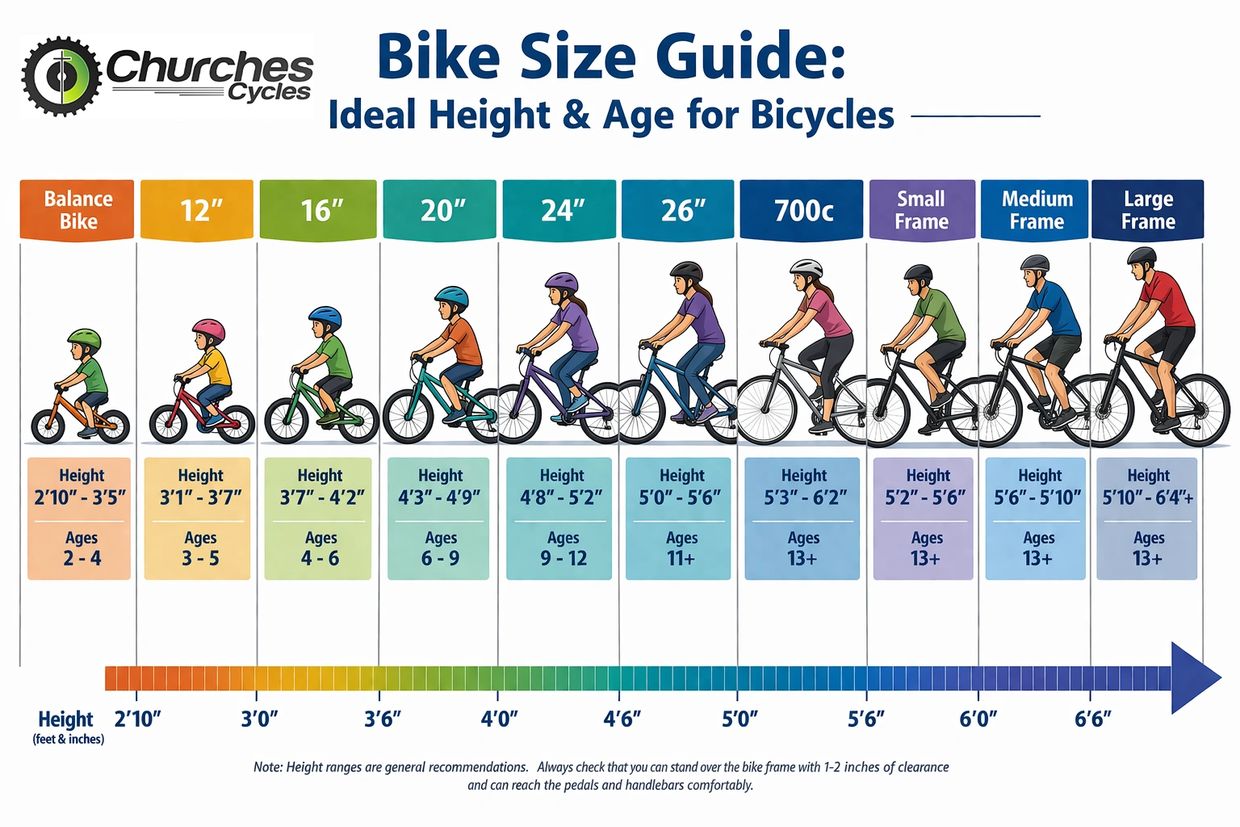 Bike size guide matching height and age to ideal bicycle sizes.