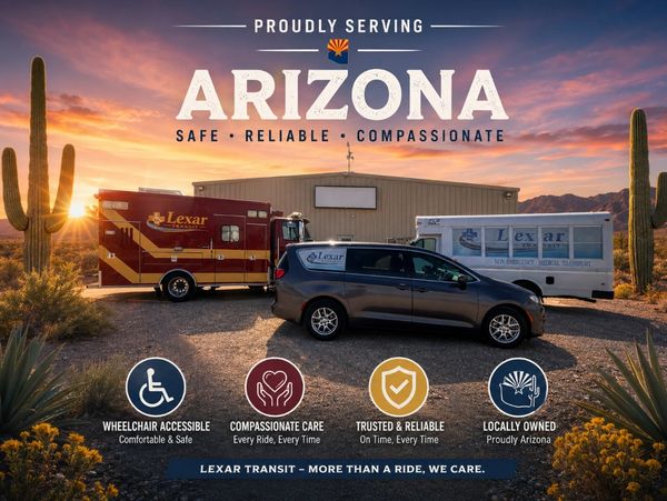Lexar Transit vehicles at sunset in Arizona, highlighting safety and compassionate care.