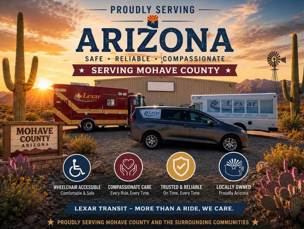Lexar Transit vehicles serving Mohave County in Arizona at sunset.