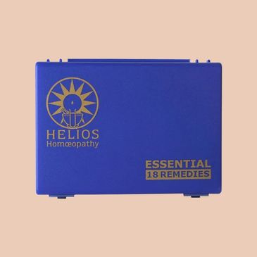 Blue Helios Homeopathy box with 18 essential remedies.
