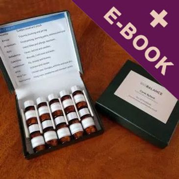Box of essential oil bottles with an informational card and e-book label.