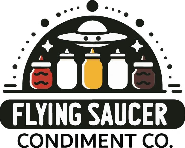 Logo with flying saucer and condiment bottles for Flying Saucer Condiment Co.