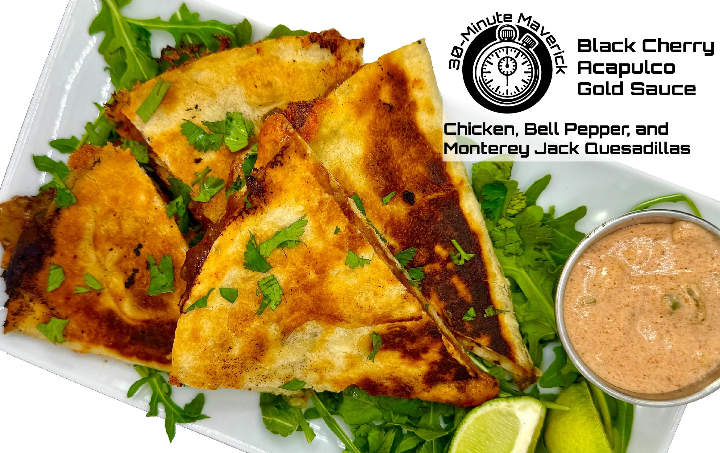 Chicken, bell pepper, and Monterey Jack quesadillas with Black Cherry Acapulco Gold sauce.