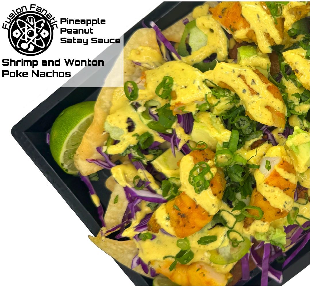 Shrimp and wonton poke nachos with pineapple peanut satay sauce.