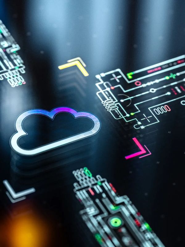 Digital cloud icon connected to circuit-like data paths on a dark background.