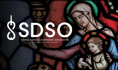 South Dakota Symphony Orchestra logo over stained glass art.