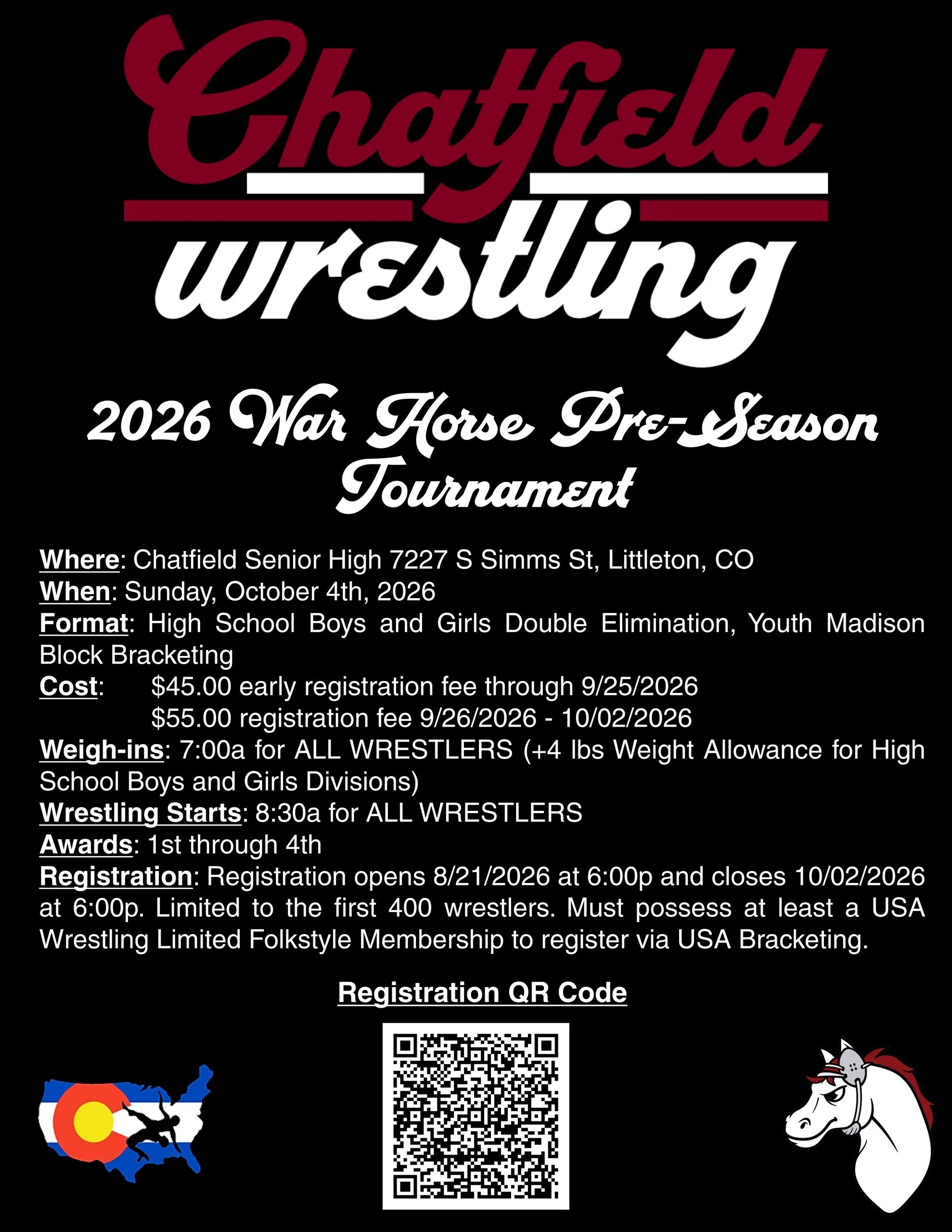 Flyer for 2026 Chatfield Wrestling War Horse Pre-Season Tournament.