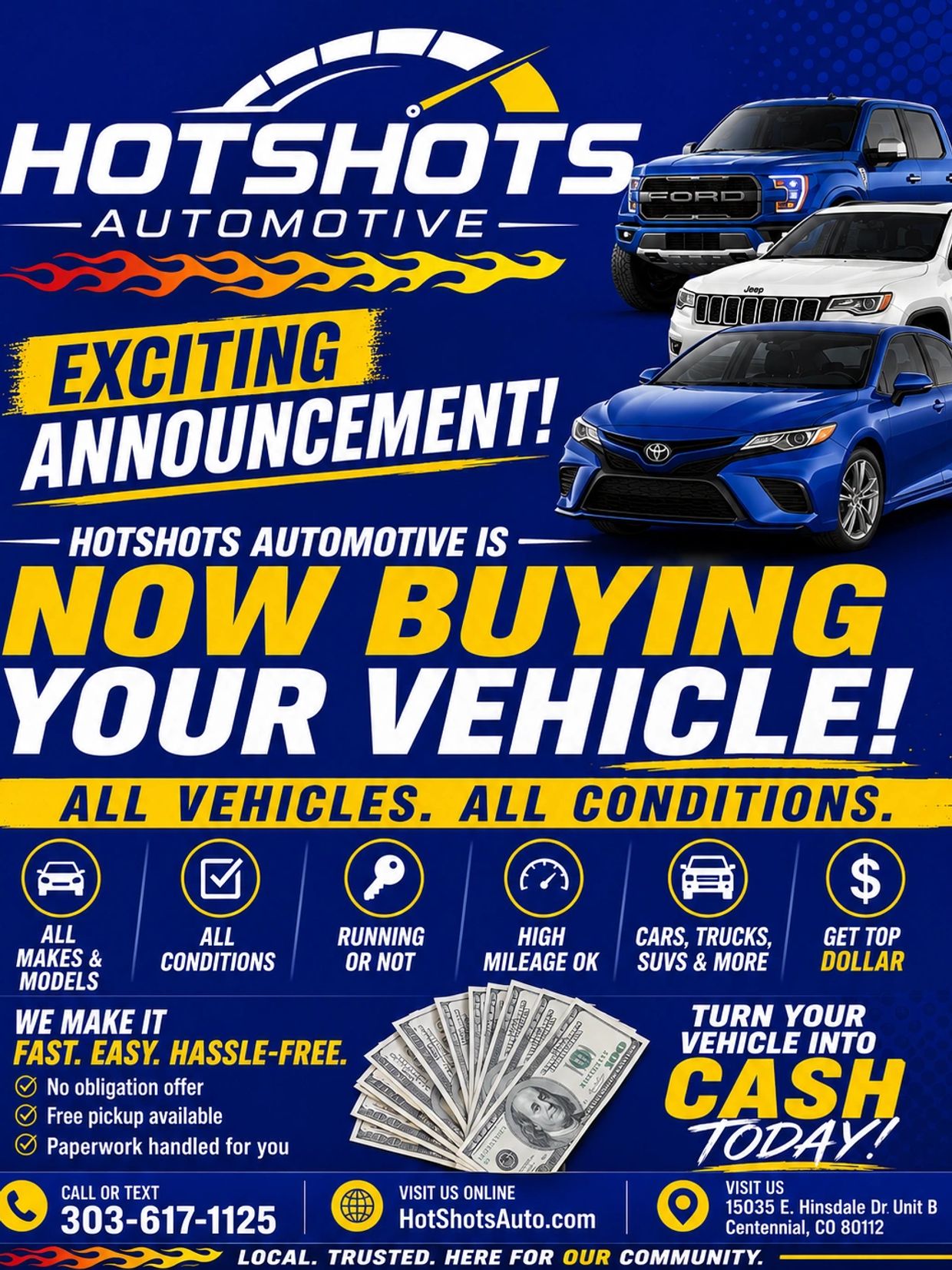 Hotshots Automotive now buying all vehicles in any condition with easy, hassle-free service.