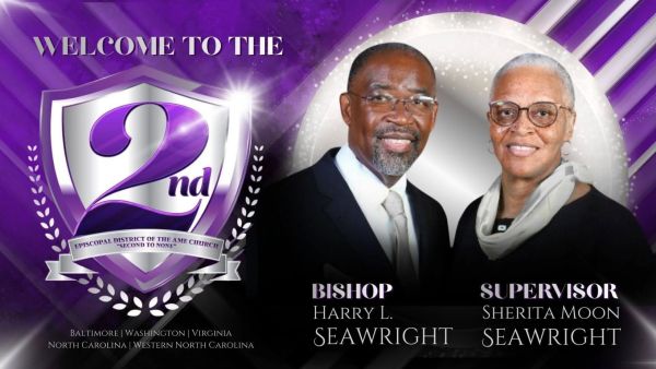 Welcome banner for 2nd Episcopal District with Bishop and Supervisor.