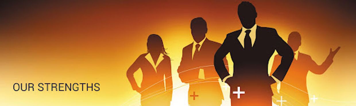 Silhouetted professionals against a vibrant background representing 'Our Strengths.