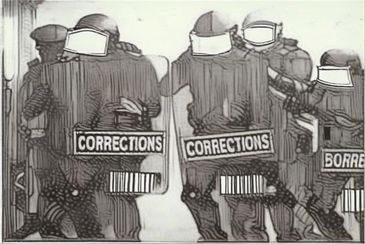 Illustration of correction officers with shields labeled 'CORRECTIONS' and barcodes.