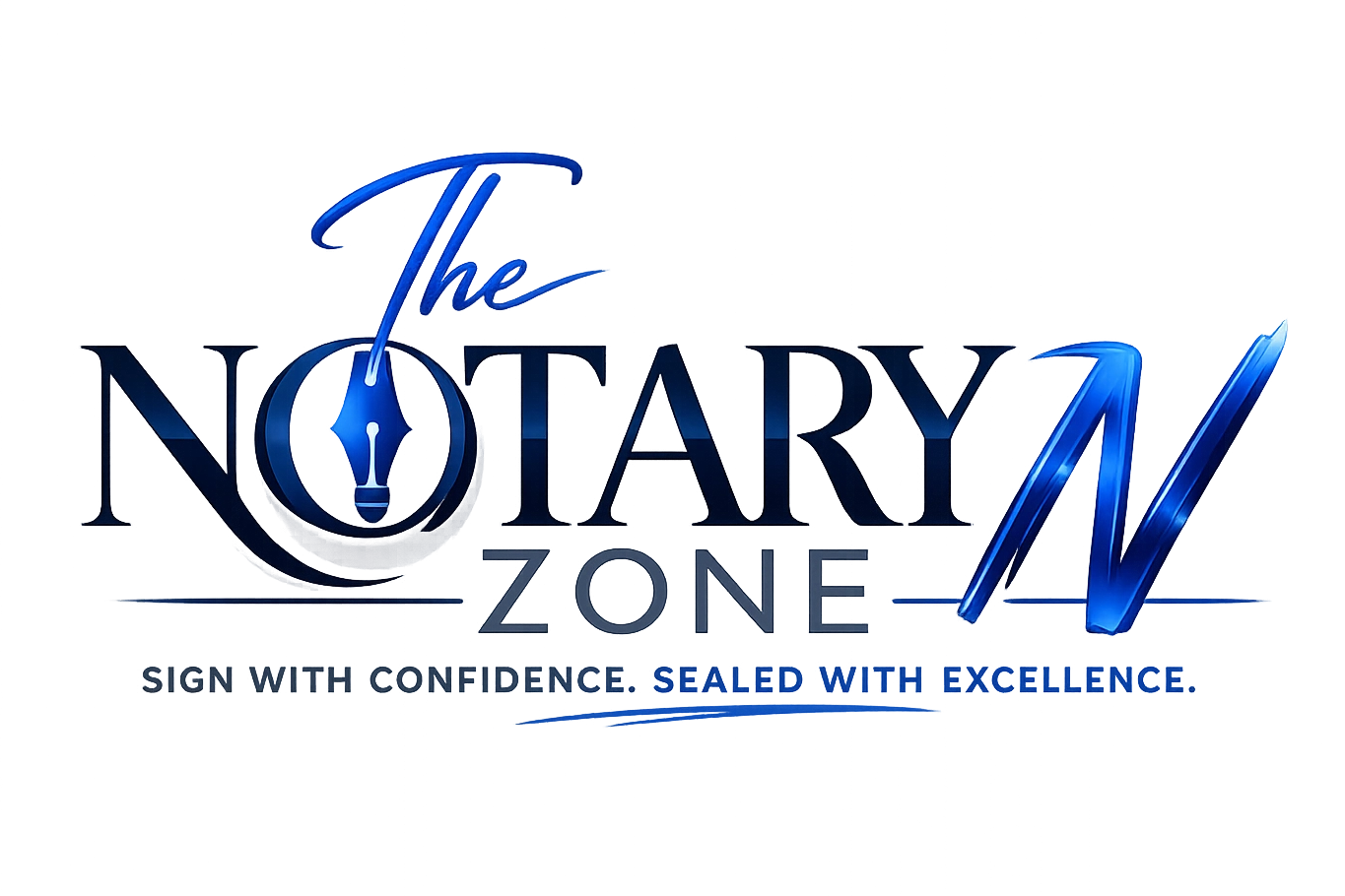 Logo for The Notary Zone with a pen nib and blue accents.