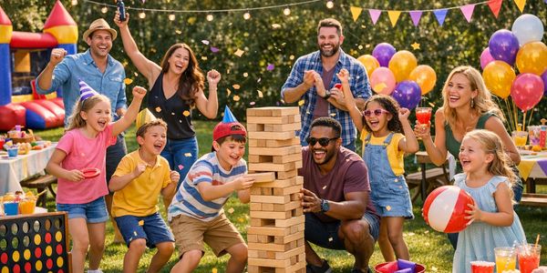 Kids and adults enjoying a lively outdoor party playing giant Jenga.