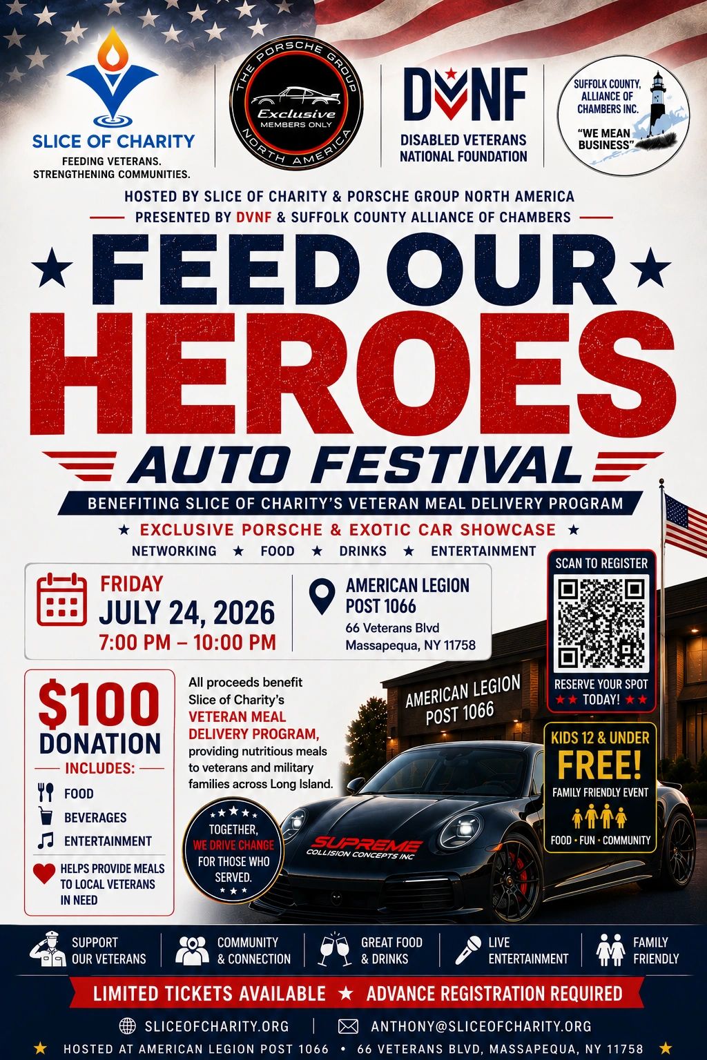  Porsche sports car, patriotic Slice of Charity supporting the Veteran Meal Massapequa, New York.