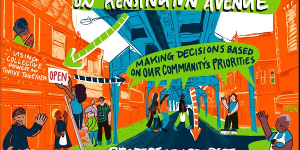 Colorful community mural about collective power and decision-making on Kensington Avenue.
